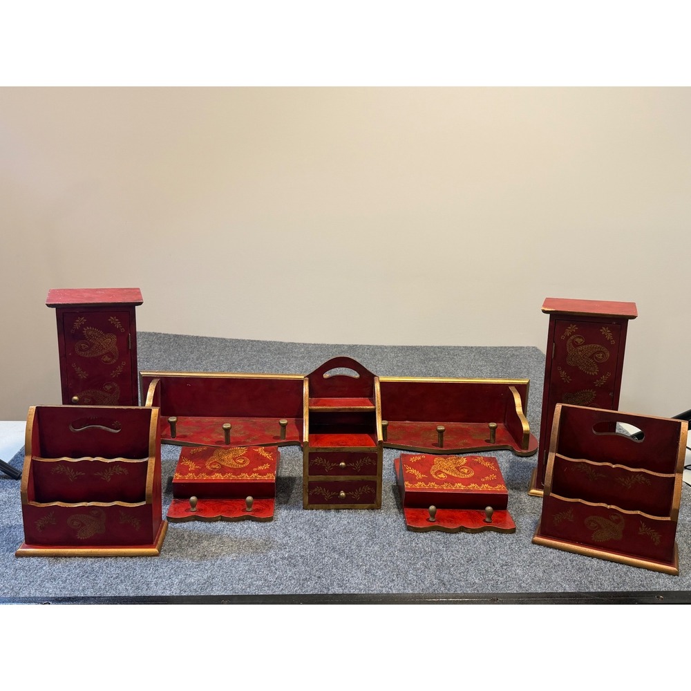 "Holiday TIme" Vintage Red Gold Paisley Wooden Desk Set 9 Pieces